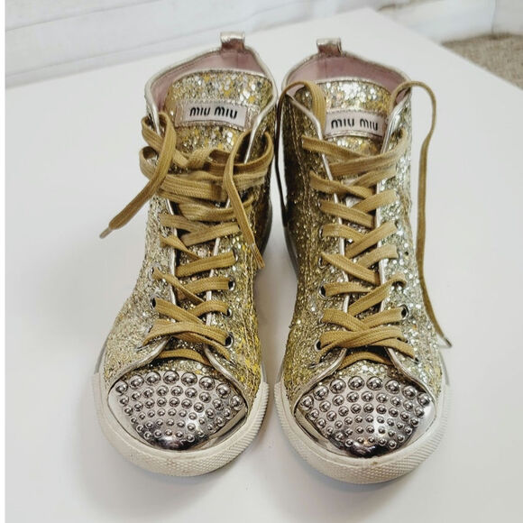 MIU MIU Gold Glitter High Tops w Silver Studded Cap Toe Sneakers, sz 38 EU/ 8 US - Picture 2 of 16